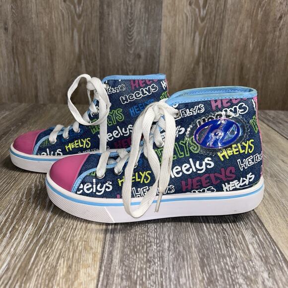 Heelys Veloz Girls Blue Denim Pink High Top Youth US Size 2 100908 Roller Shoes - Picture 5 of 11